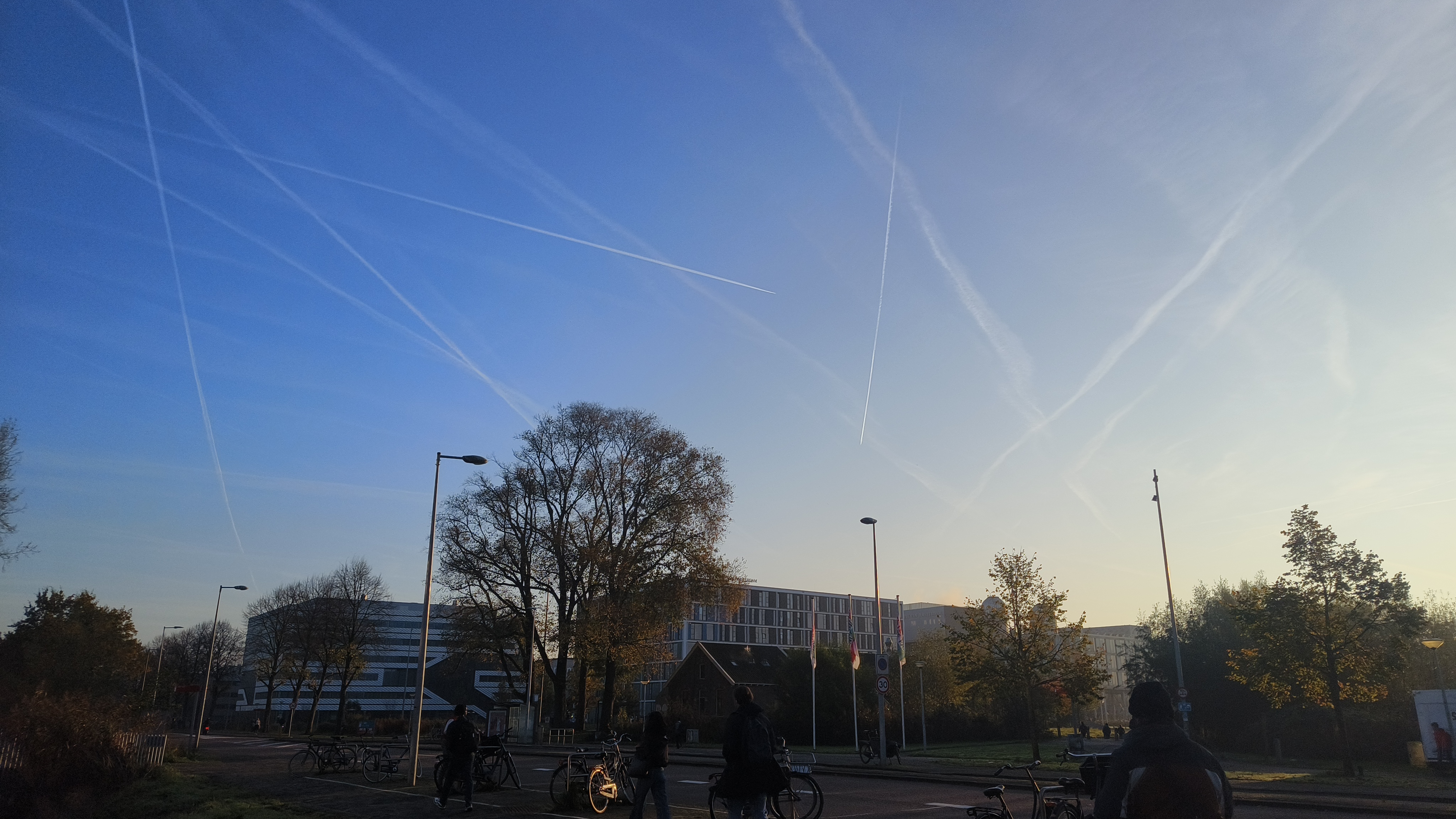 Silhouettes against contrail sky